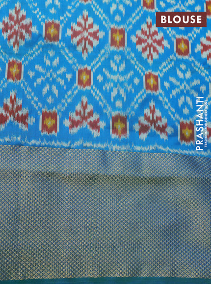 Pochampally silk saree cream and dual shade of bluish green with allover ikat butta weaves and ikat woven zari border