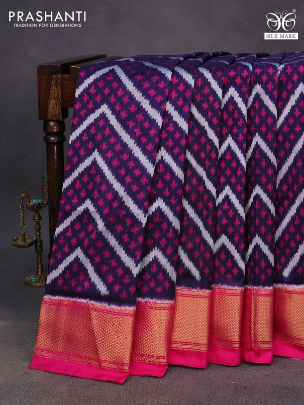 Pochampally silk saree dark blue and pink with allover ikat weaves and long ikat woven zari border