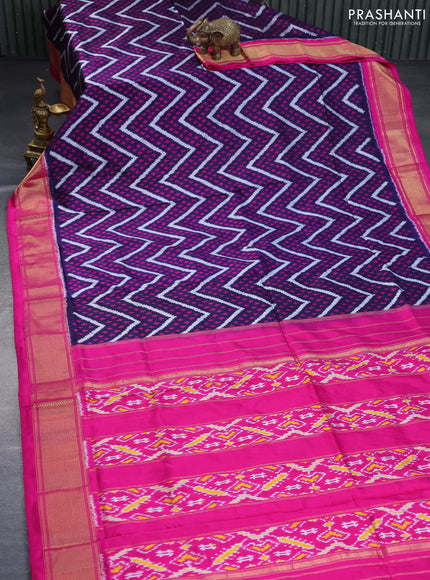 Pochampally silk saree dark blue and pink with allover ikat weaves and long ikat woven zari border