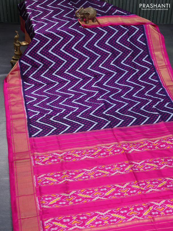 Pochampally silk saree dark blue and pink with allover ikat weaves and long ikat woven zari border