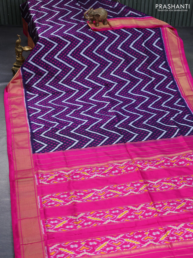 Pochampally silk saree dark blue and pink with allover ikat weaves and long ikat woven zari border