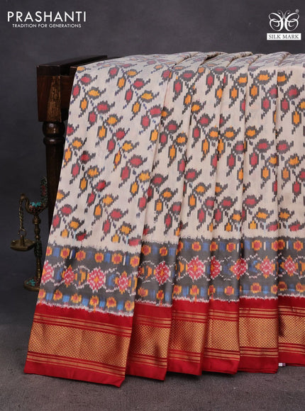 Pochampally silk saree cream and maroon with allover ikat weaves and ikat woven zari border