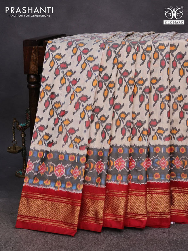 Pochampally silk saree cream and maroon with allover ikat weaves and ikat woven zari border