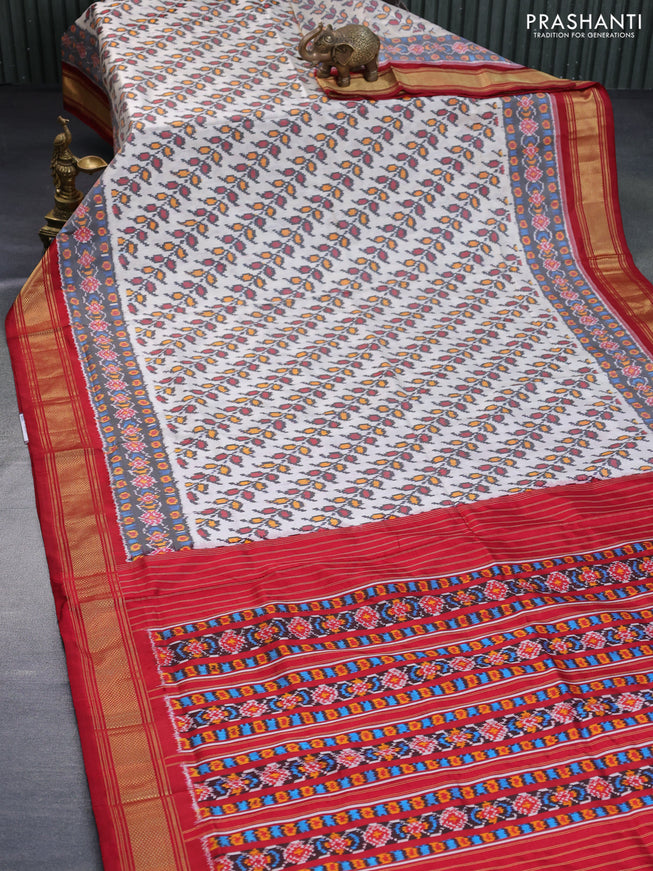 Pochampally silk saree cream and maroon with allover ikat weaves and ikat woven zari border