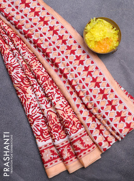 Modal silk saree peach orange and maroon with allover prints and printed border