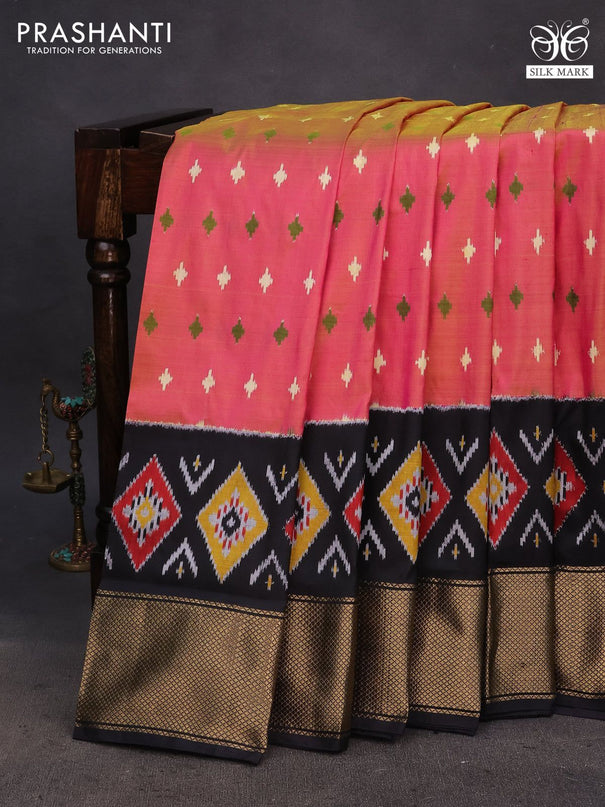 Pochampally silk saree dual shade of pinkish yellow and black with allover ikat butta weaves and ikat woven zari border