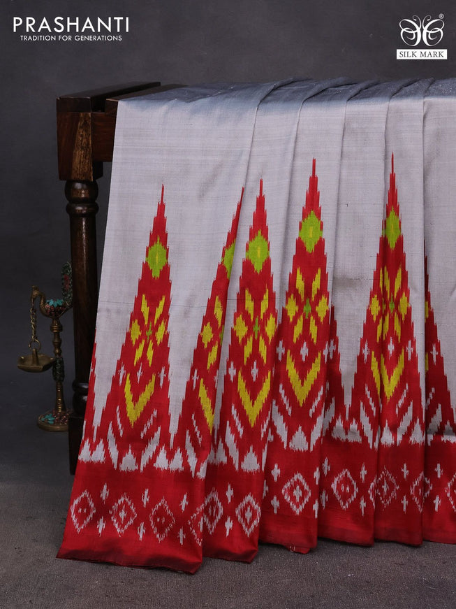 Pochampally silk saree grey and maroon with plain body and long ikat woven border