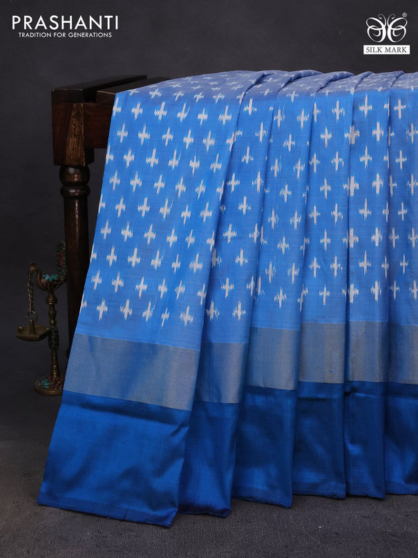 Pochampally silk saree blue and cs blue with allover ikat weaves and zari woven simple border