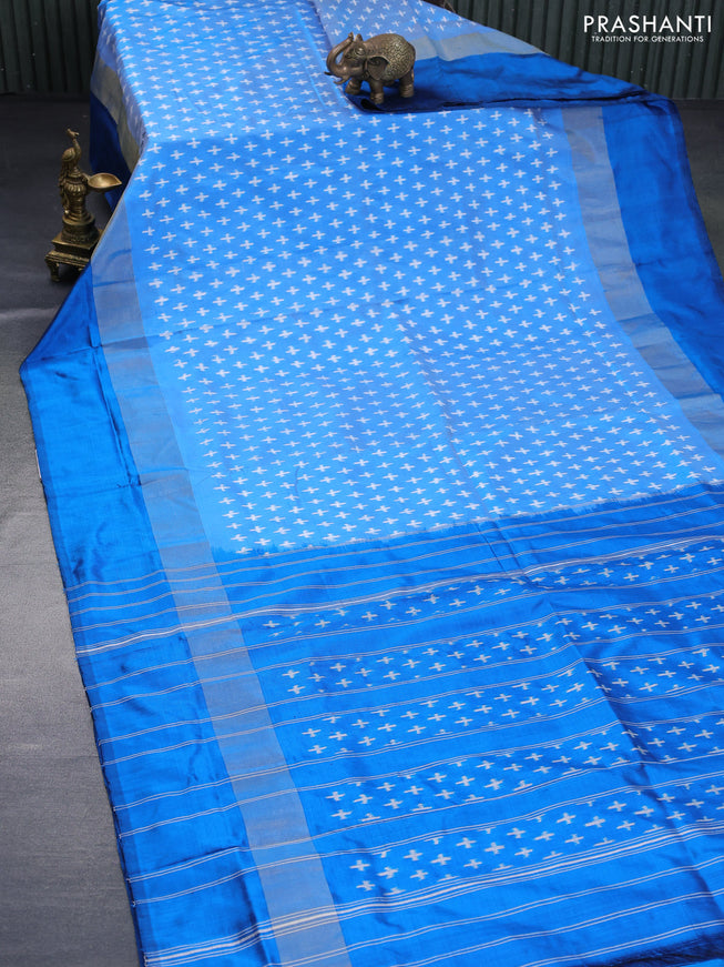 Pochampally silk saree blue and cs blue with allover ikat weaves and zari woven simple border