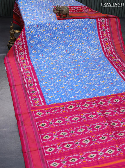 Pochampally silk saree blue and pink with allover ikat weaves and ikat woven simple border