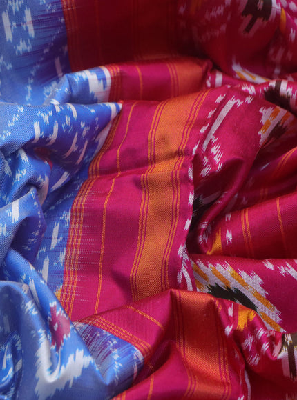 Pochampally silk saree blue and pink with allover ikat weaves and ikat woven simple border