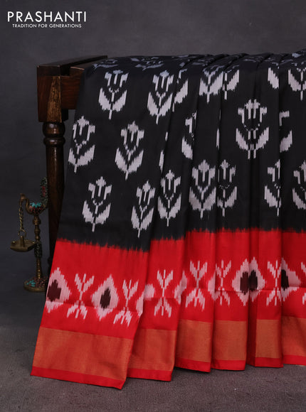 Pochampally silk saree black and red with allover ikat butta weaves and ikat woven zari border