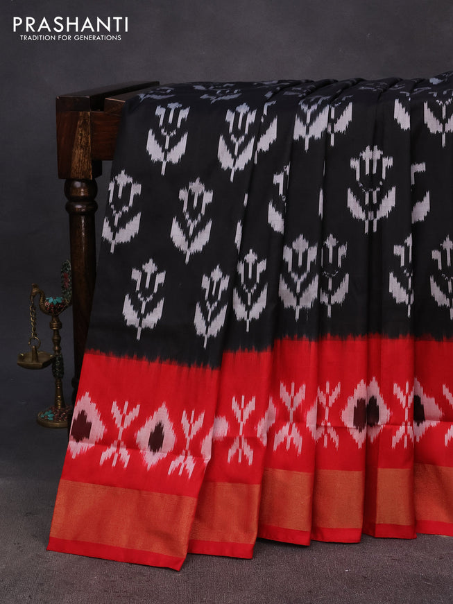 Pochampally silk saree black and red with allover ikat butta weaves and ikat woven zari border