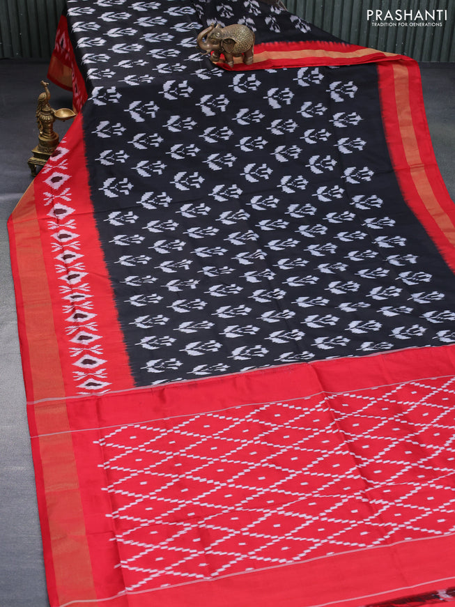 Pochampally silk saree black and red with allover ikat butta weaves and ikat woven zari border