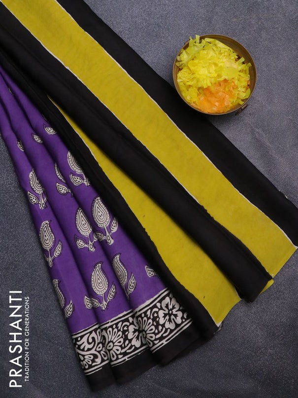 Modal silk saree violet and black with paisley butta prints and printed border