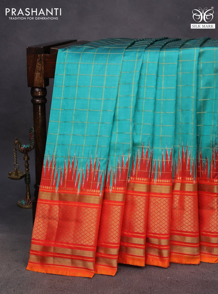 Pochampally silk saree teal green shade and orange with allover zari checked border and temple deisgn zari woven border