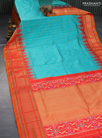 Pochampally silk saree teal green shade and orange with allover zari checked border and temple deisgn zari woven border