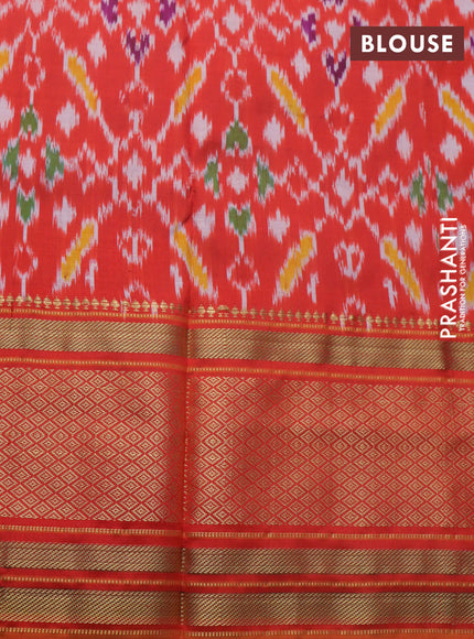 Pochampally silk saree teal green shade and orange with allover zari checked border and temple deisgn zari woven border