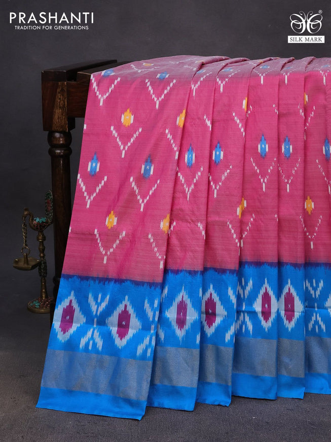 Pochampally silk saree pink and cs blue with allover ikat weaves and ikat style zari woven border