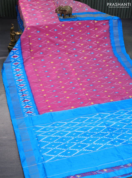 Pochampally silk saree pink and cs blue with allover ikat weaves and ikat style zari woven border