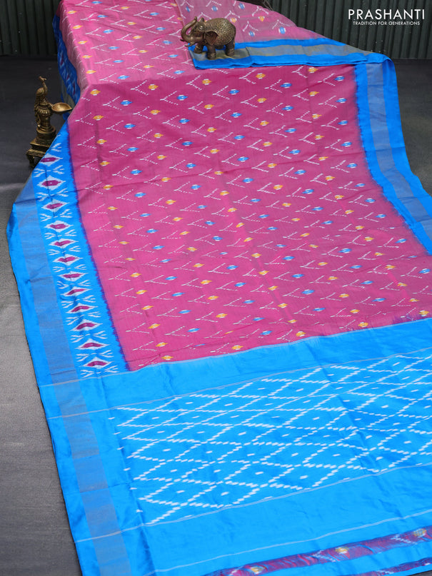 Pochampally silk saree pink and cs blue with allover ikat weaves and ikat style zari woven border