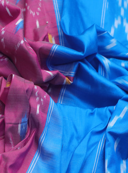 Pochampally silk saree pink and cs blue with allover ikat weaves and ikat style zari woven border