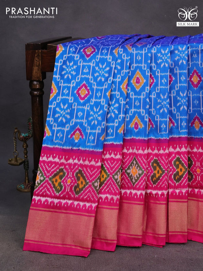 Pochampally silk saree cs blue and pink with allover ikat weaves and ikat style zari woven border