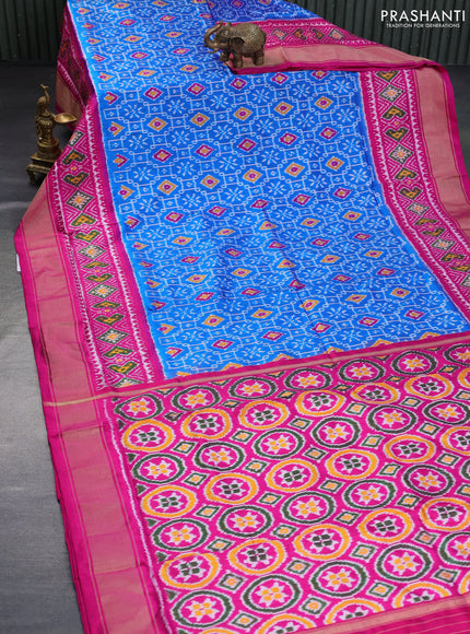 Pochampally silk saree cs blue and pink with allover ikat weaves and ikat style zari woven border