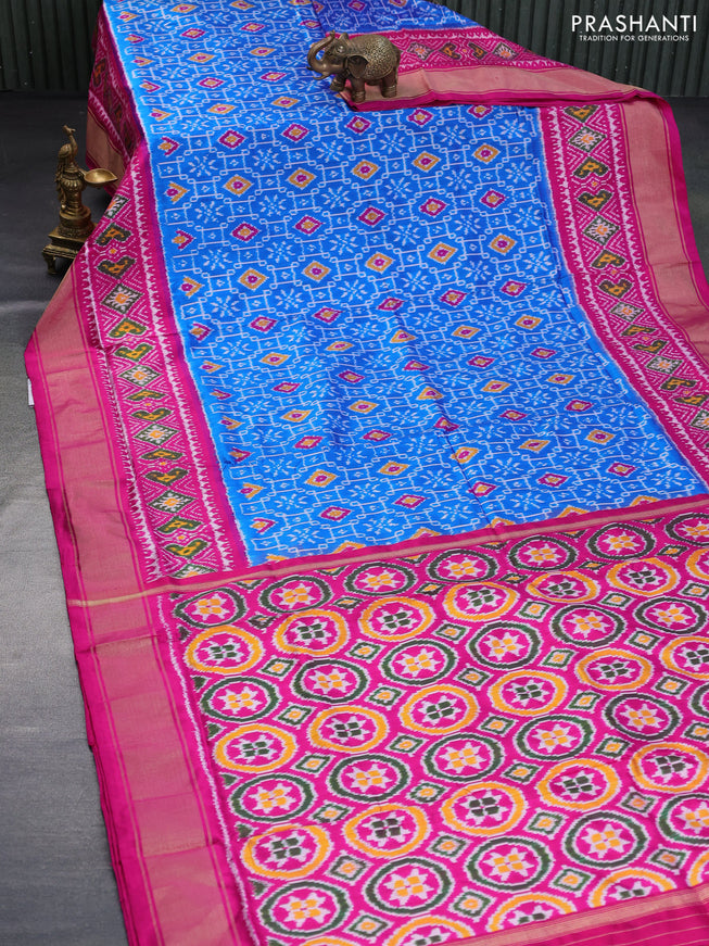 Pochampally silk saree cs blue and pink with allover ikat weaves and ikat style zari woven border