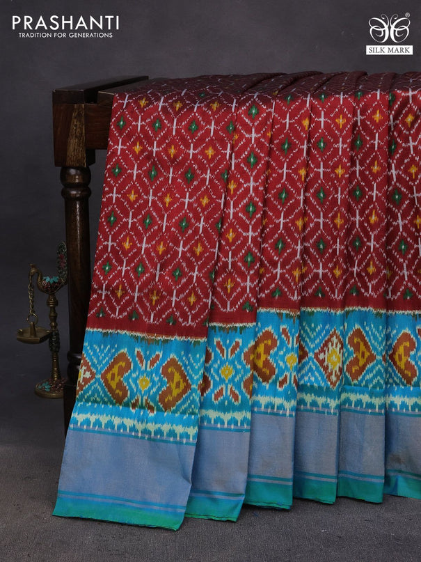 Pochampally silk saree maroon and dual shade of bluish green with allover ikat weaves and ikat woven zari border