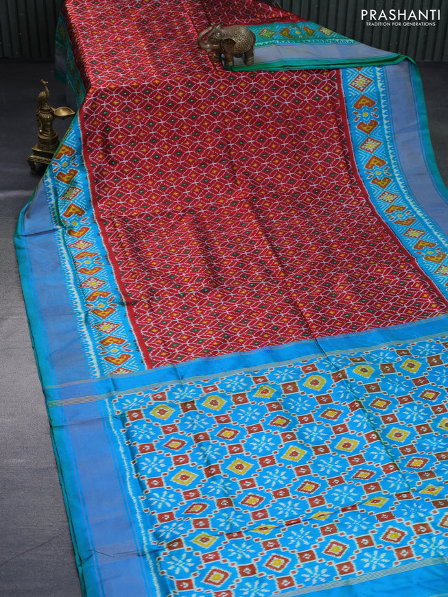 Pochampally silk saree maroon and dual shade of bluish green with allover ikat weaves and ikat woven zari border