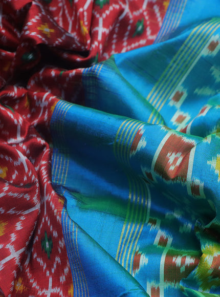 Pochampally silk saree maroon and dual shade of bluish green with allover ikat weaves and ikat woven zari border