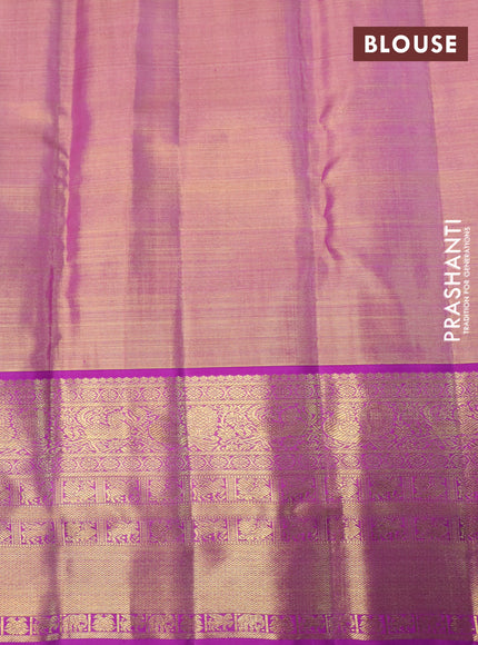 Pure kanchipuram tissue silk saree dual shade of teal blue and purple with allover silver zari woven brocade weaves and long rich zari woven border