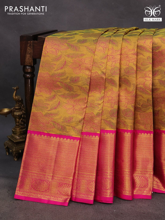 Pure kanchipuram tissue silk saree dual shade of mustard and pink with allover zari woven brocade weaves and rich zari woven border