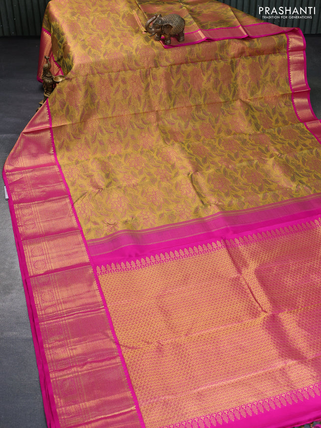 Pure kanchipuram tissue silk saree dual shade of mustard and pink with allover zari woven brocade weaves and rich zari woven border