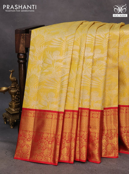 Pure kanchipuram tissue silk saree gold and red with allover silver zari woven brocade weaves and long rich zari woven border