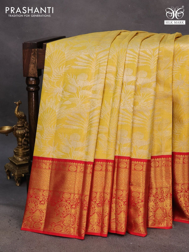 Pure kanchipuram tissue silk saree gold and red with allover silver zari woven brocade weaves and long rich zari woven border