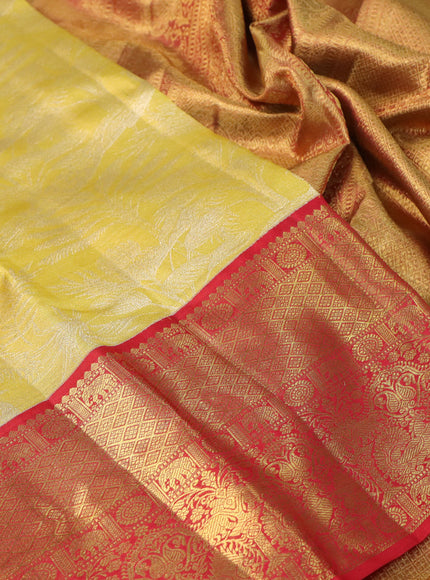 Pure kanchipuram tissue silk saree gold and red with allover silver zari woven brocade weaves and long rich zari woven border