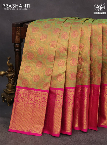 Pure kanchipuram tissue silk saree dual shade of green and pink with allover zari woven floral brocade weaves and long rich zari woven border