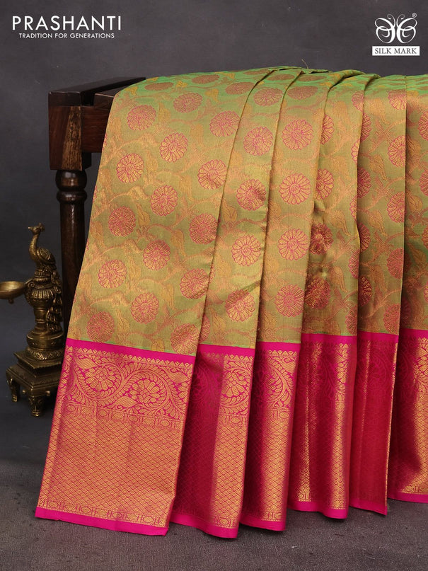 Pure kanchipuram tissue silk saree dual shade of green and pink with allover zari woven floral brocade weaves and long rich zari woven border