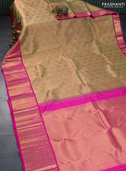 Pure kanchipuram tissue silk saree dual shade of green and pink with allover zari woven floral brocade weaves and long rich zari woven border