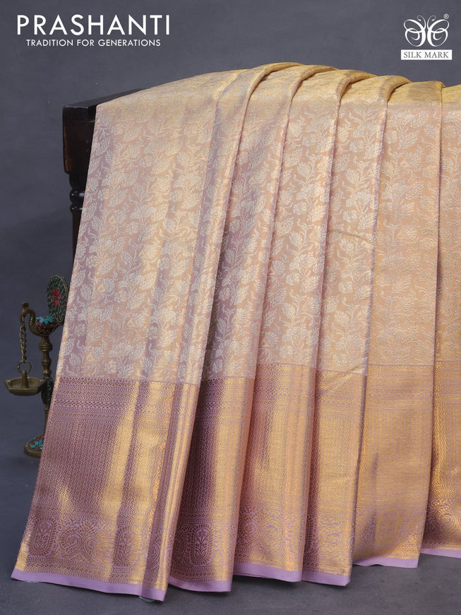 Pure kanchipuram tissue silk saree dual shade of gold and pastel lavender with allover silver zari woven brocade weaves and long zari woven border