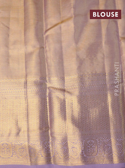 Pure kanchipuram tissue silk saree dual shade of gold and pastel lavender with allover silver zari woven brocade weaves and long zari woven border