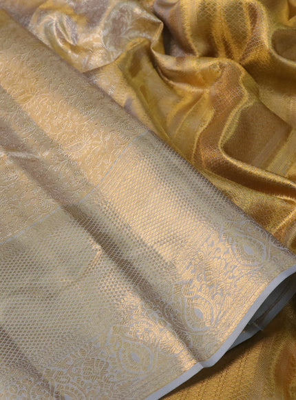 Pure kanchipuram tissue silk saree gold and grey shade with allover zari woven brocade weaves and zari woven border