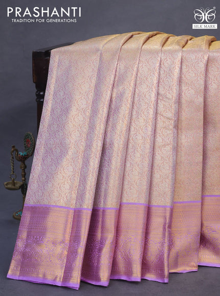 Pure kanchipuram tissue silk saree dual shade of lavender with allover silver zari woven brocade weaves and zari woven border