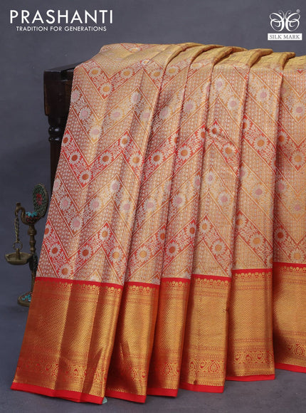 Pure kanchipuram tissue silk saree dual shade of red with allover silver zari woven brocade weaves and zari woven border