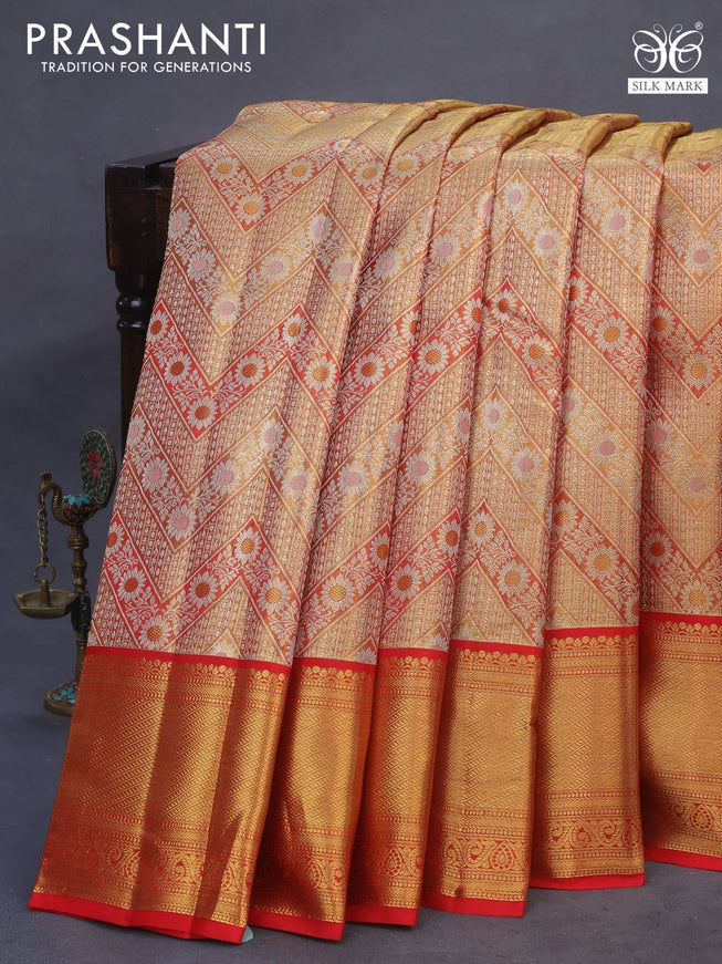 Pure kanchipuram tissue silk saree dual shade of red with allover silver zari woven brocade weaves and zari woven border