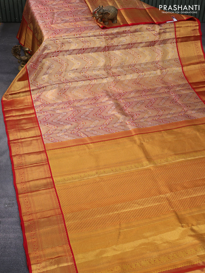 Pure kanchipuram tissue silk saree dual shade of red with allover silver zari woven brocade weaves and zari woven border