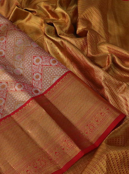 Pure kanchipuram tissue silk saree dual shade of red with allover silver zari woven brocade weaves and zari woven border