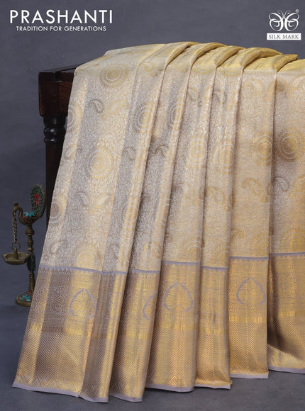 Pure kanchipuram tissue silk saree gold and grey shade with allover silver zari woven brocade weaves and long zari woven border